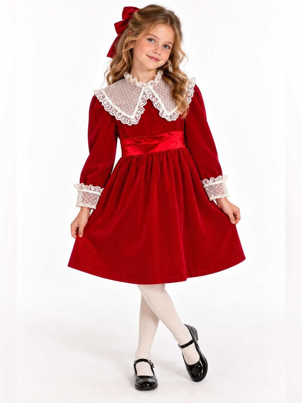 Vintage 80s Girls Red Velvet Christmas Holiday Dress 8/10